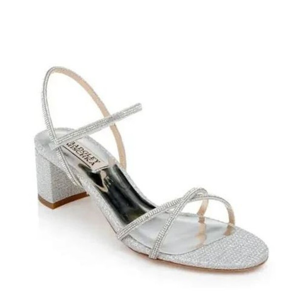 Badgley Mischka Ultima Rhinestone Embellished Block Heels Sandals Silver SZ 10